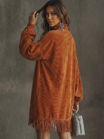 Cocolii robe courte velours côtelé frange col montant manches longues femme élégant ample décontracté de cocktail