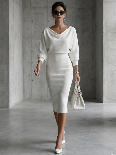 Cocolii robe mi-longue femme tricotée chic robe crayon moulante col bateau manches chauve-souris tenue élégante