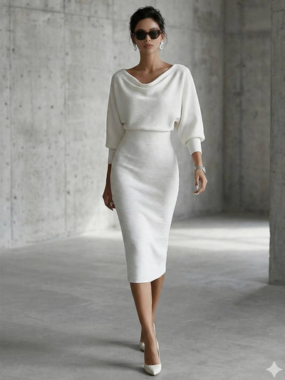 Cocolii robe mi-longue femme tricotée chic robe crayon moulante col bateau manches chauve-souris tenue élégante