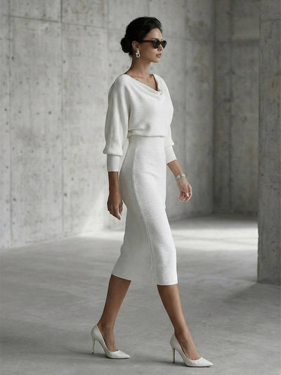 Cocolii robe mi-longue femme tricotée chic robe crayon moulante col bateau manches chauve-souris tenue élégante