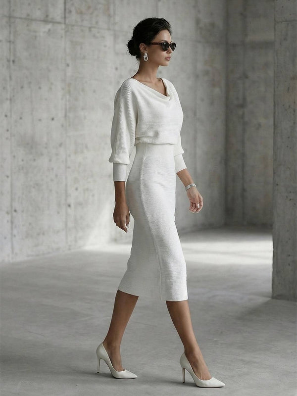 Cocolii robe mi-longue femme tricotée chic robe crayon moulante col bateau manches chauve-souris tenue élégante