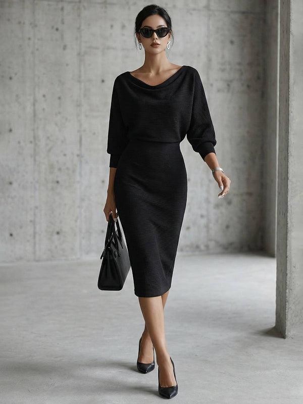 Cocolii robe mi-longue femme tricotée chic robe crayon moulante col bateau manches chauve-souris tenue élégante