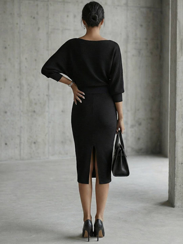 Cocolii robe mi-longue femme tricotée chic robe crayon moulante col bateau manches chauve-souris tenue élégante