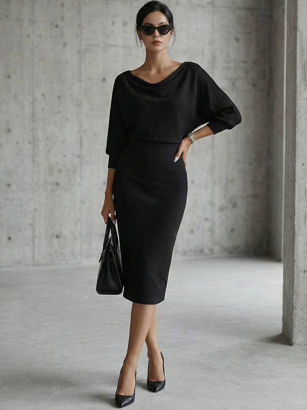 Cocolii robe mi-longue femme tricotée chic robe crayon moulante col bateau manches chauve-souris tenue élégante