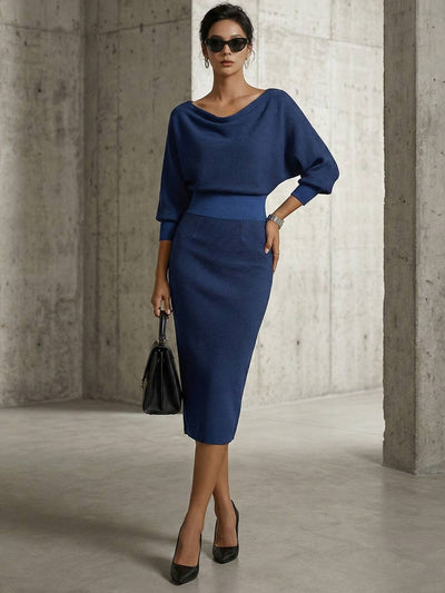 Cocolii robe mi-longue femme tricotée chic robe crayon moulante col bateau manches chauve-souris tenue élégante