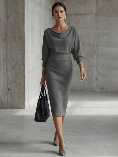 Cocolii robe mi-longue femme tricotée chic robe crayon moulante col bateau manches chauve-souris tenue élégante