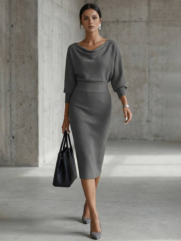 Cocolii robe mi-longue femme tricotée chic robe crayon moulante col bateau manches chauve-souris tenue élégante