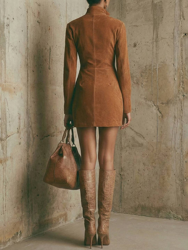 Cocolii robe courte en suédine femme ajustée avec fermeture éclair et manches longues col montant vintage fete automne hiver