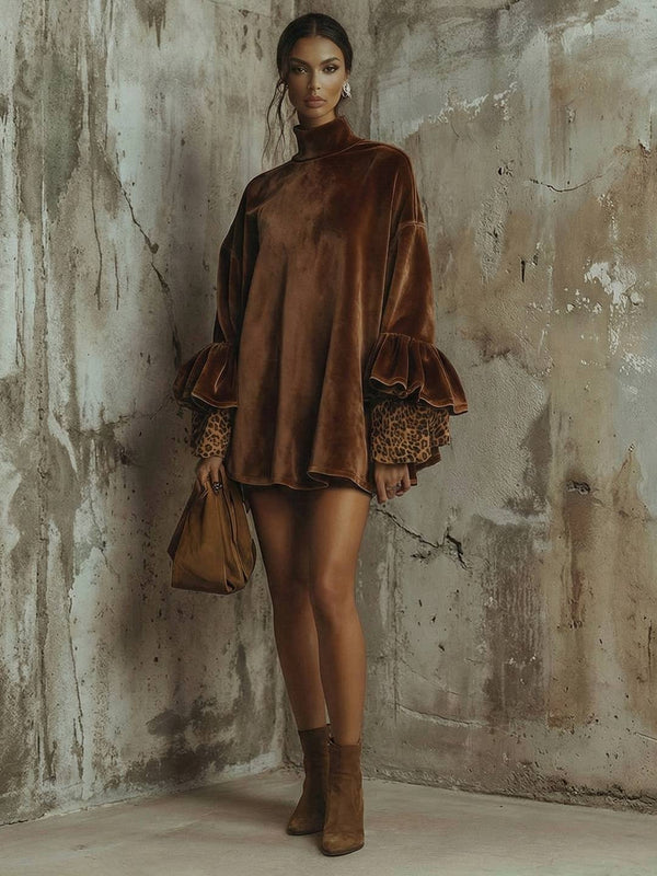 Cocolii robe courte velours femme marron col montant manches volants et détail léopard oversized décontracté vintage