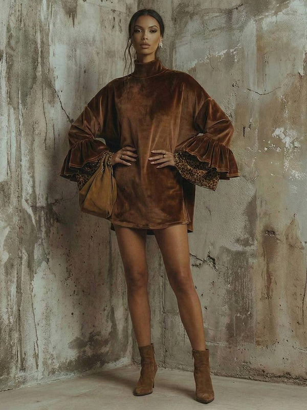 Cocolii robe courte velours femme marron col montant manches volants et détail léopard oversized décontracté vintage