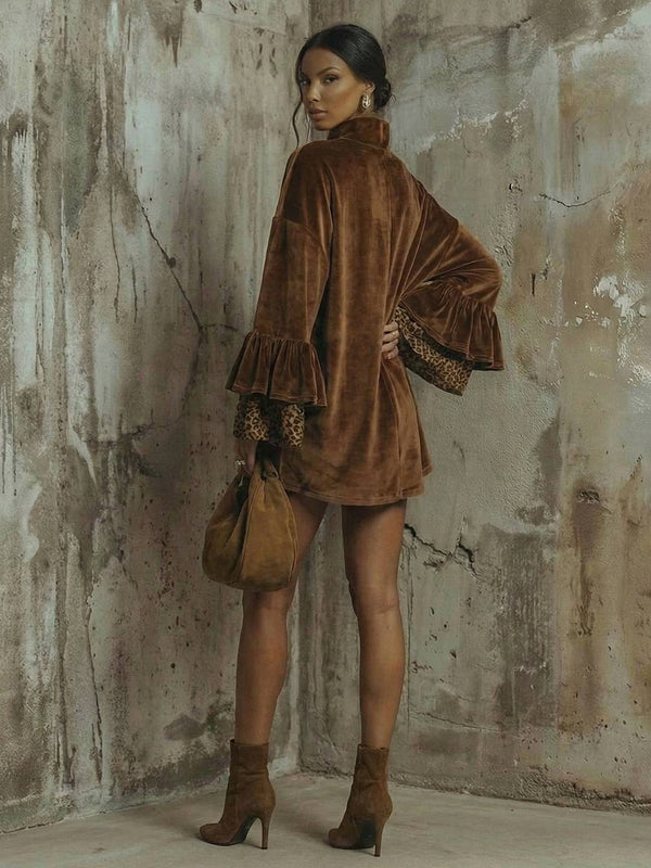 Cocolii robe courte velours femme marron col montant manches volants et détail léopard oversized décontracté vintage