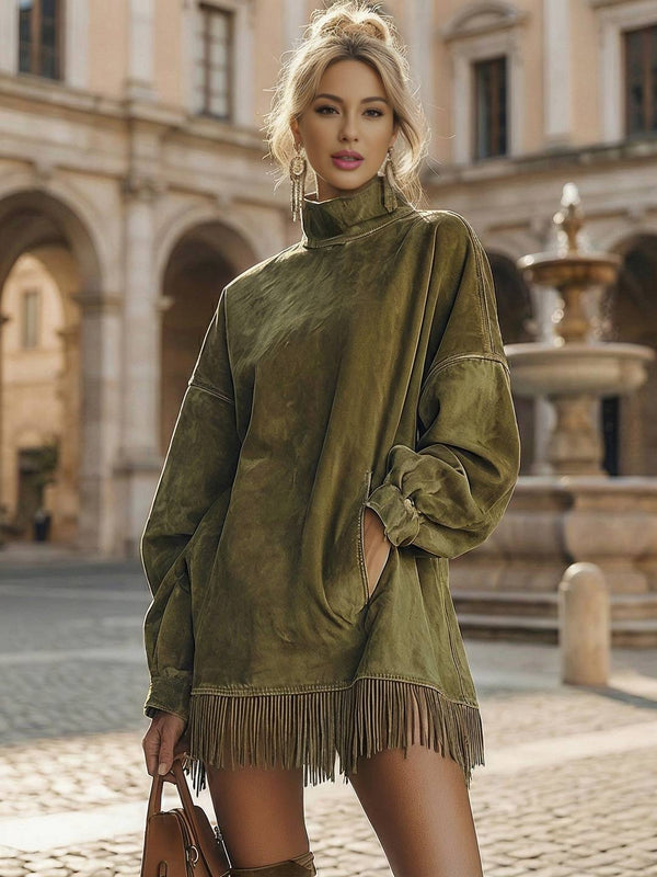 Cocolii robe courte en suedine frange col roulé manches longues femme élégant vintage décontracté ample pour cocktail