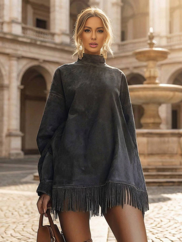 Cocolii robe courte en suedine frange col roulé manches longues femme élégant vintage décontracté ample pour cocktail