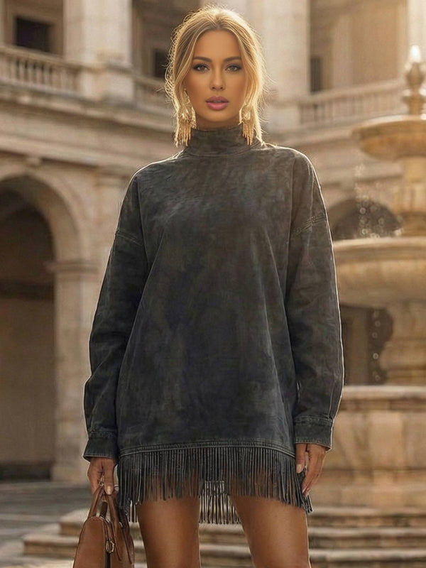 Cocolii robe courte en suedine frange col roulé manches longues femme élégant vintage décontracté ample pour cocktail