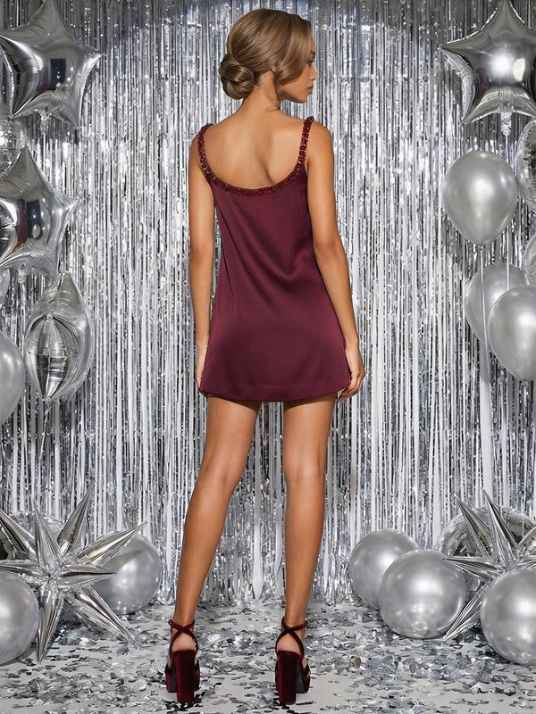 Cocolii robe de soirée en satin femme détails cristaux sur col et poches robe courte chic pour cocktail et fêtes