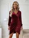 Cocolii robe courte en velours et brillante paillettes femme col en v manches longues style portefeuille soirée fêtes