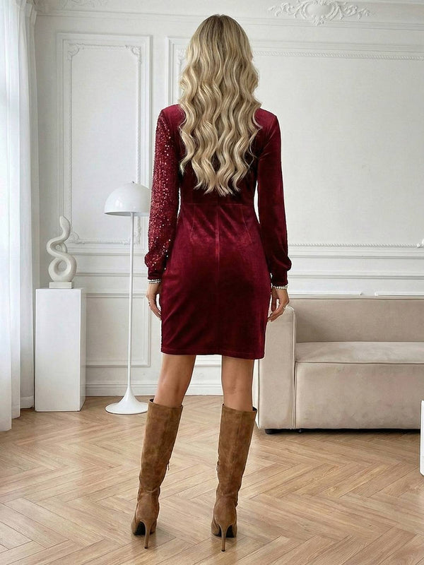 Cocolii robe courte en velours et brillante paillettes femme col en v manches longues style portefeuille soirée fêtes