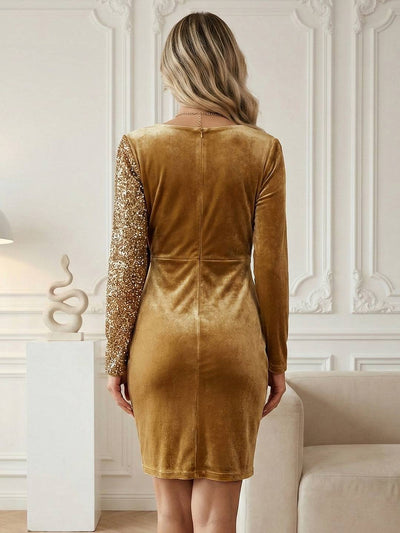 Cocolii robe courte en velours et brillante paillettes femme col en v manches longues style portefeuille soirée fêtes