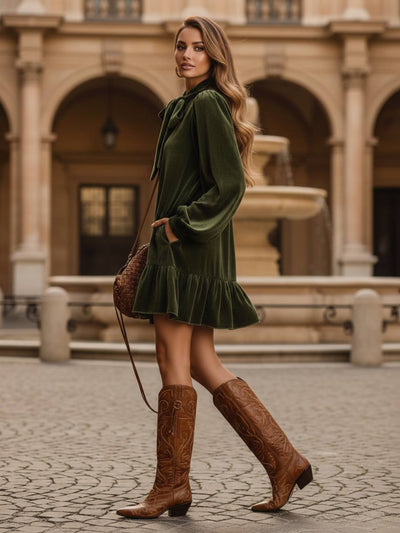 Cocolii robe courte femme en velours col lavallière avec noeud papillon manches longues à volantée élégant bohème cocktail