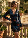 Cocolii mini robe moulante à manches longues col en v imprimé floral et bordure en dentelle en velours femme