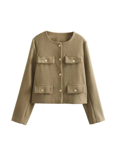 Cocolii court blazer en tweed boutonnage poches col rond manches longues femme élégant décontracté mode