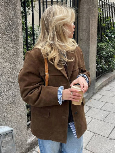Cocolii blazer suedine boutonnage poches manches longues femme élégant vintage décontracté veste daim