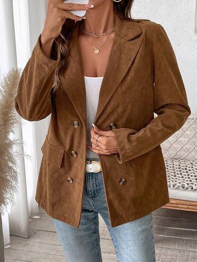 Cocolii blazer velours cotelé double boutonnage poches manches longues femme élégant décontracté ample veste