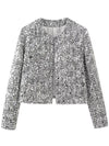 Cocolii blazer tweed brillante paillette col rond poches manches longues femme élégant décontracté veste