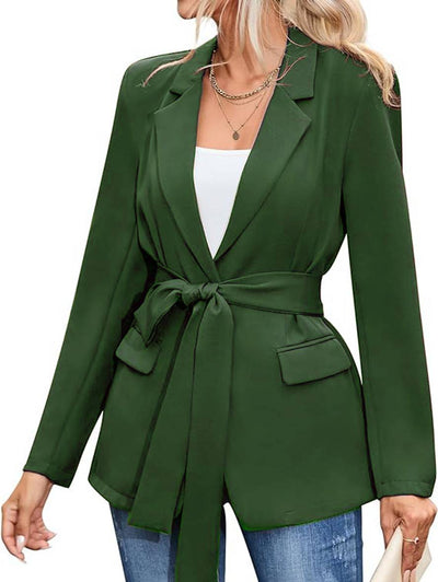 Cocolii mi-longue blazer unicolore ceinture poches manches longues femme élégant décontracté mode veste