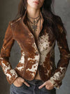 Cocolii court veste femme peinture imprimé vache blazer cintré boutonnage col montant vintage pour mi-saison