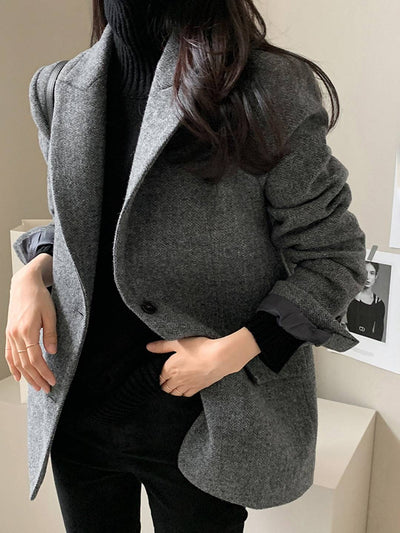 Cocolii blazer femme en laine chevrons poches col revers oversize chic décontracté manteau pour bureau automne