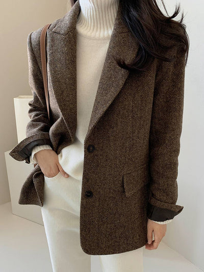 Cocolii blazer femme en laine chevrons poches col revers oversize chic décontracté manteau pour bureau automne