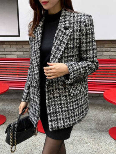 Cocolii veste tartan femme noir et blanc blazer carreaux double boutonnage poches col revers élégant style classique