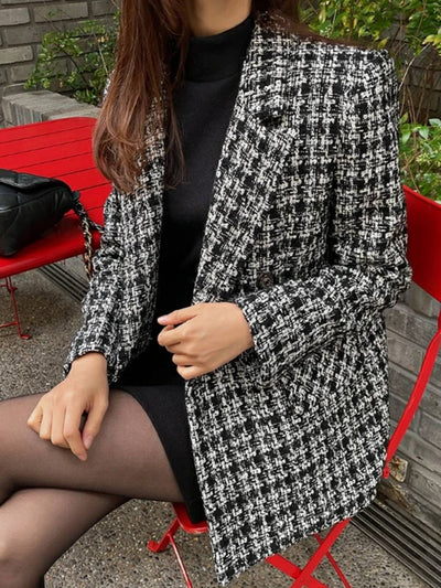 Cocolii veste tartan femme noir et blanc blazer carreaux double boutonnage poches col revers élégant style classique