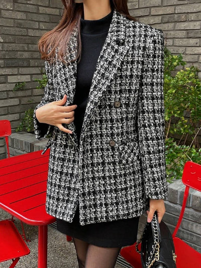 Cocolii veste tartan femme noir et blanc blazer carreaux double boutonnage poches col revers élégant style classique