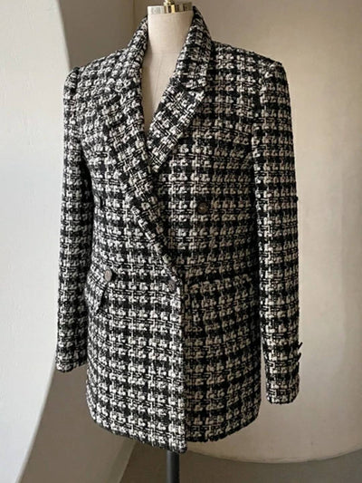 Cocolii veste tartan femme noir et blanc blazer carreaux double boutonnage poches col revers élégant style classique