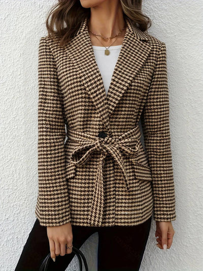 Cocolii mi-longue blazer femme pied de poule poches ceinture col revers manches longues femme élégant veste