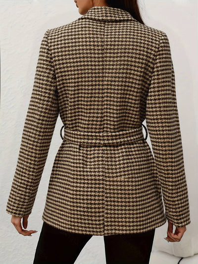 Cocolii mi-longue blazer femme pied de poule poches ceinture col revers manches longues femme élégant veste