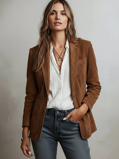 Cocolii blazer femme daim veste en suedine boutonnage poches col revers manches longues élégant rétro blouson de bureau