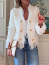 Cocolii court veste femme tweed frange double boutonnage manches longues vintage simple décontracté classique blazer