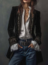 Cocolii mi-longue blazer veste officier en velours brodée v-cou manches longues femme médiévale élégant vintage blouson