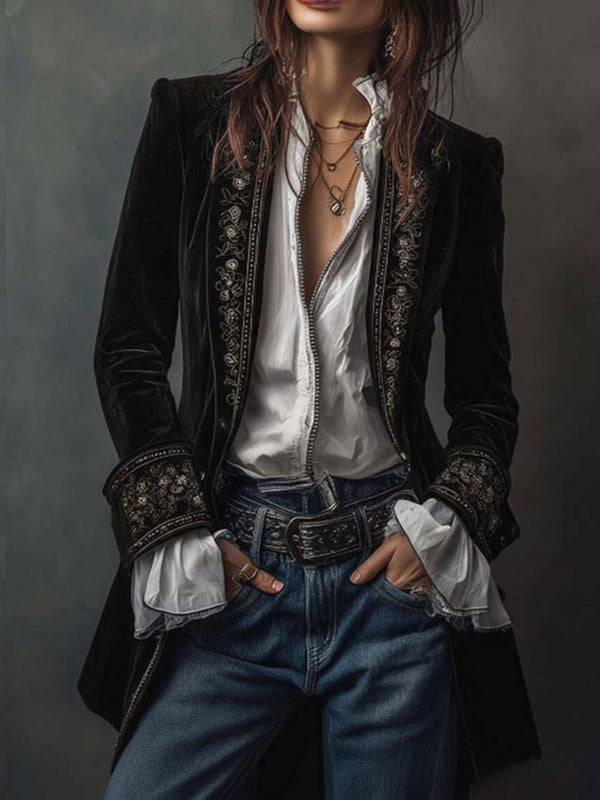 Cocolii mi-longue blazer veste officier en velours brodée v-cou manches longues femme médiévale élégant vintage blouson