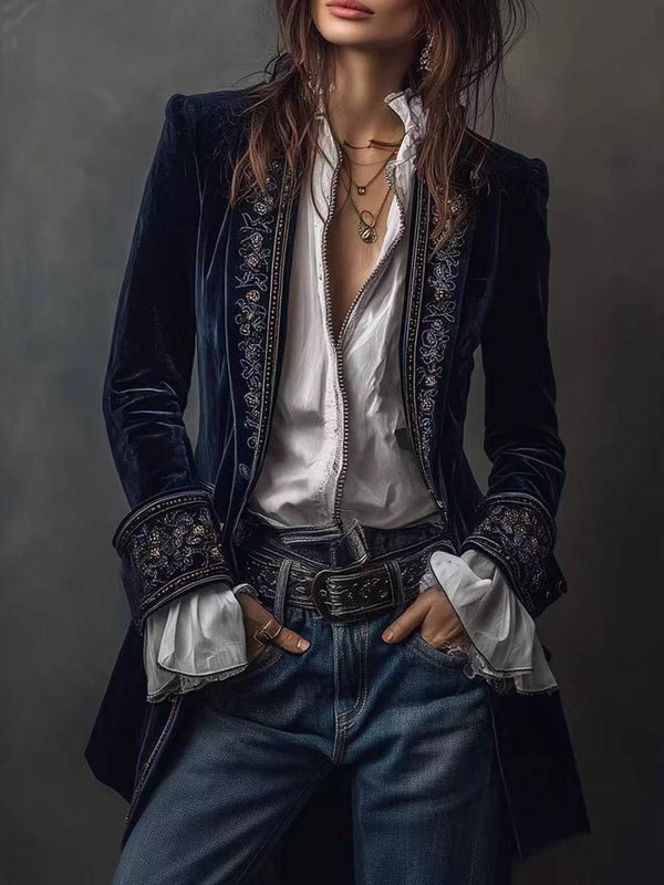 Cocolii mi-longue blazer veste officier en velours brodée v-cou manches longues femme médiévale élégant vintage blouson