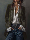 Cocolii mi-longue blazer veste officier en velours brodée v-cou manches longues femme médiévale élégant vintage blouson