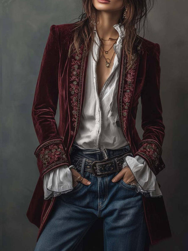 Cocolii mi-longue blazer veste officier en velours brodée v-cou manches longues femme médiévale élégant vintage blouson