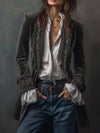 Cocolii mi-longue blazer veste officier en velours brodée v-cou manches longues femme médiévale élégant vintage blouson