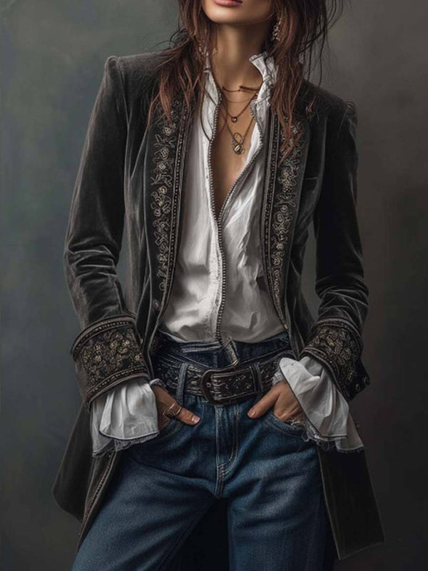 Cocolii mi-longue blazer veste officier en velours brodée v-cou manches longues femme médiévale élégant vintage blouson