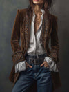 Cocolii mi-longue blazer veste officier en velours brodée v-cou manches longues femme médiévale élégant vintage blouson