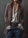 Cocolii mi-longue blazer veste officier en velours brodée v-cou manches longues femme médiévale élégant vintage blouson