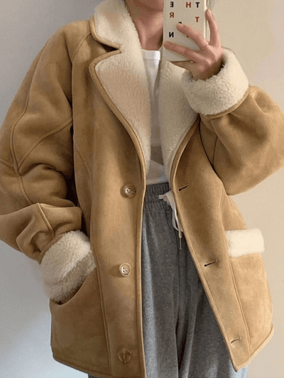 Cocolii manteau aviateur suedine boutonnage poches col revers manches longues femme décontracté hiver veste